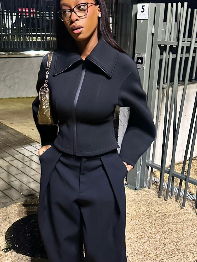 Veste pour femme, manteau cintré à la taille, col rabattu, fermeture éclair unie, vêtement d'extérieur décontracté pour femme, veste en caoutchouc chloroprène pour femme