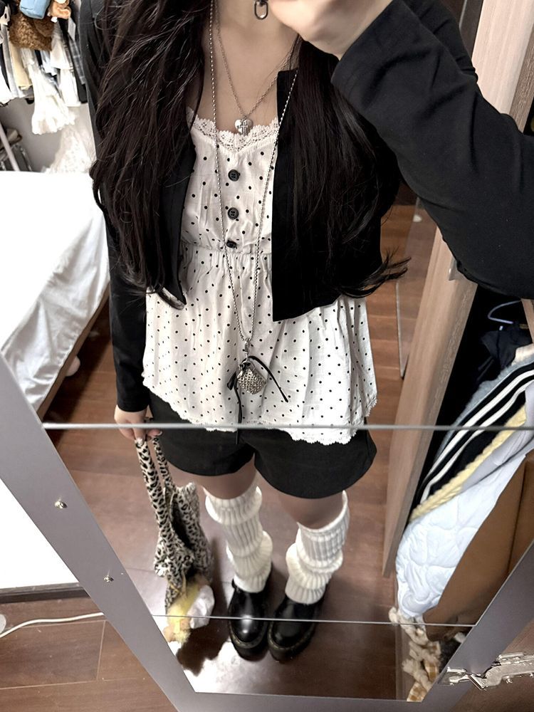 Mode coréenne 2 pièces ensemble Design à manches longues Cardigan court mince Camisole à pois gilet hauts costume décontracté Chic