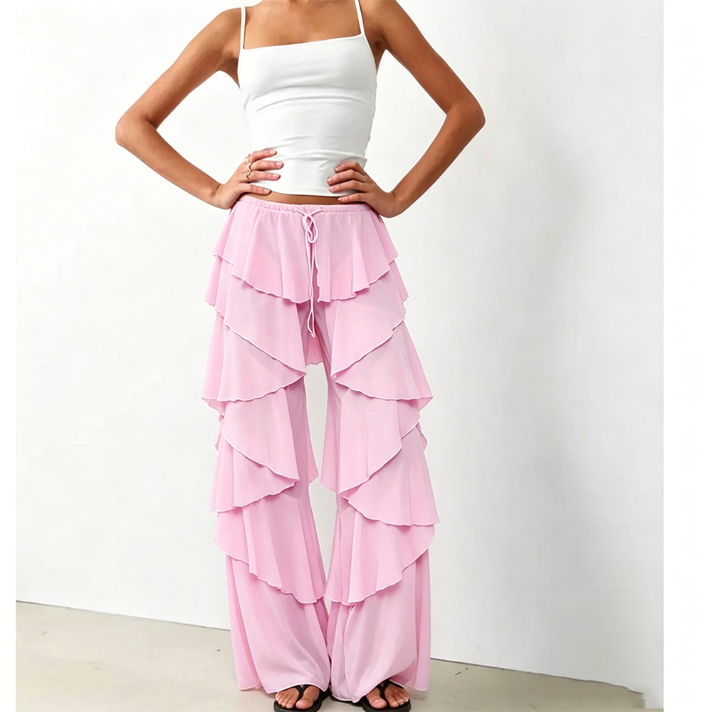 Pantalon Palazzo Bohème en Chiffon Transparent à Volants Superposés pour Femme, Taille Haute, Ample et Fluide, avec Cordon de Serrage, Idéal pour les Vacances