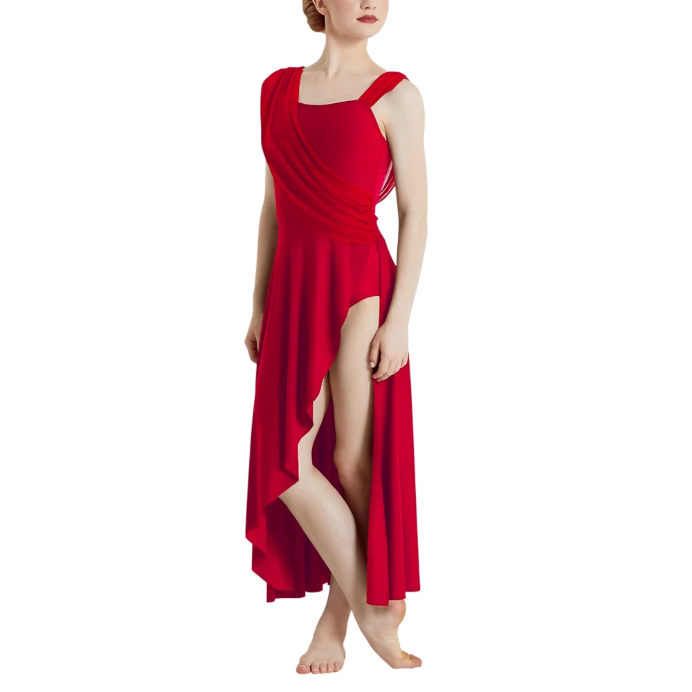 Costumes de danse lyrique pour femmes adultes, jupe longue fendue sur le côté, drapé asymétrique au dos, ballerine moderne, spectacle de danse sur scène