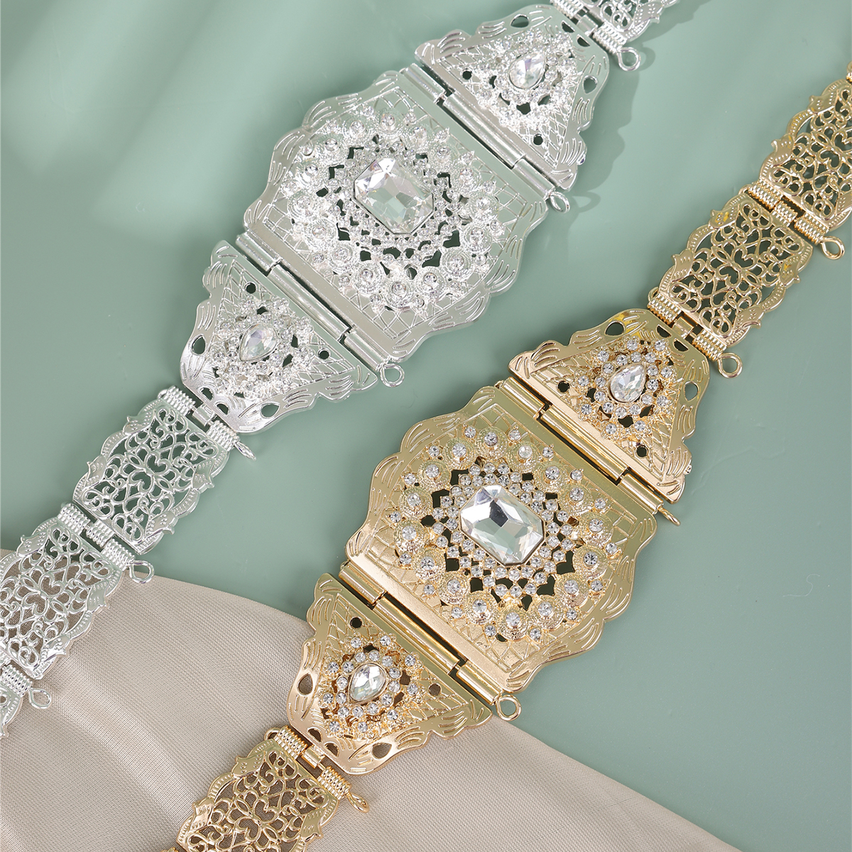 Chaîne de corps pour robe de mariée marocaine, bijoux de caftan à fleurs ajourées, ceinture de mariée plaquée or, chaîne de taille en cristal