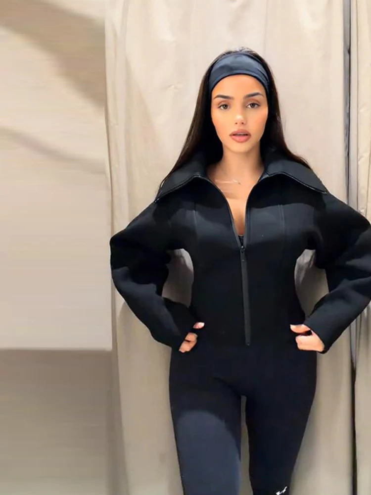 Veste pour femme, manteau cintré à la taille, col rabattu, fermeture éclair unie, vêtement d'extérieur décontracté pour femme, veste en caoutchouc chloroprène pour femme