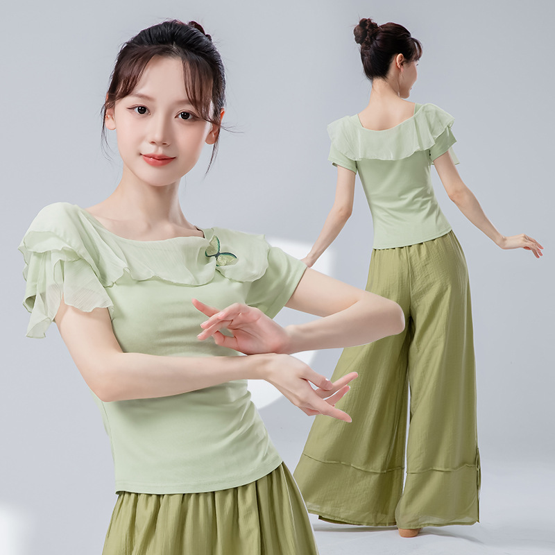 Tenues de danse pour femmes, chemise à manches courtes en maille de gaze épissée, chemisier d'entraînement de Ballet élégant, Costumes de pratique sur scène de rime corporelle