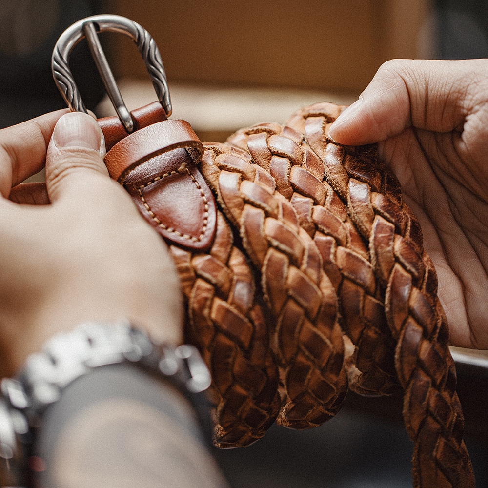 Maden Ceinture en cuir de vache tanné végétal à deux couches tissé vintage pour accessoire marron polyvalent pour hommes