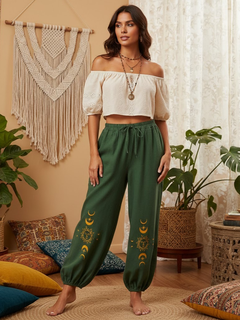 Boho Queens automne mode Happie femmes soleil lune broderie lin coton Baggy pantalon Bloomers poches latérales pantalon de Yoga ample