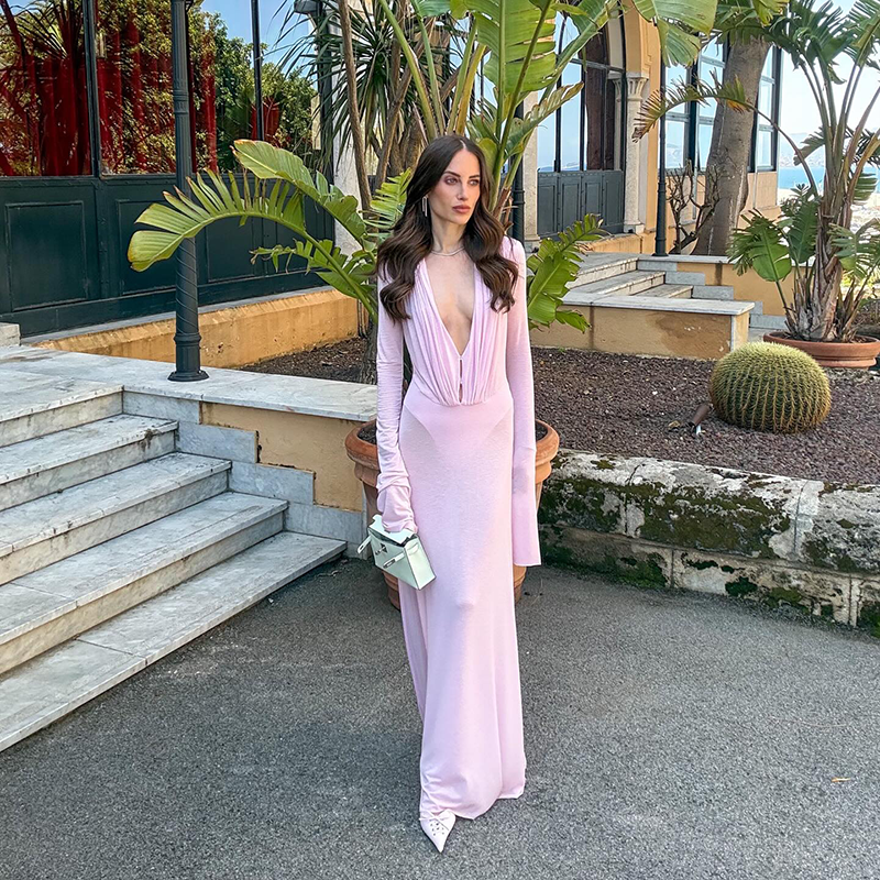 Robe longue sexy en maille transparente à manches longues pour femme, col en V profond, robe de soirée élégante, froncée, coupe ajustée, pour club et plage