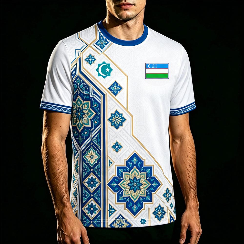 Maillot de football imprimé drapeau de l'Ouzbékistan pour hommes, uniforme d'entraînement respirant et à séchage rapide, t-shirt à col rond avec graphisme traditionnel