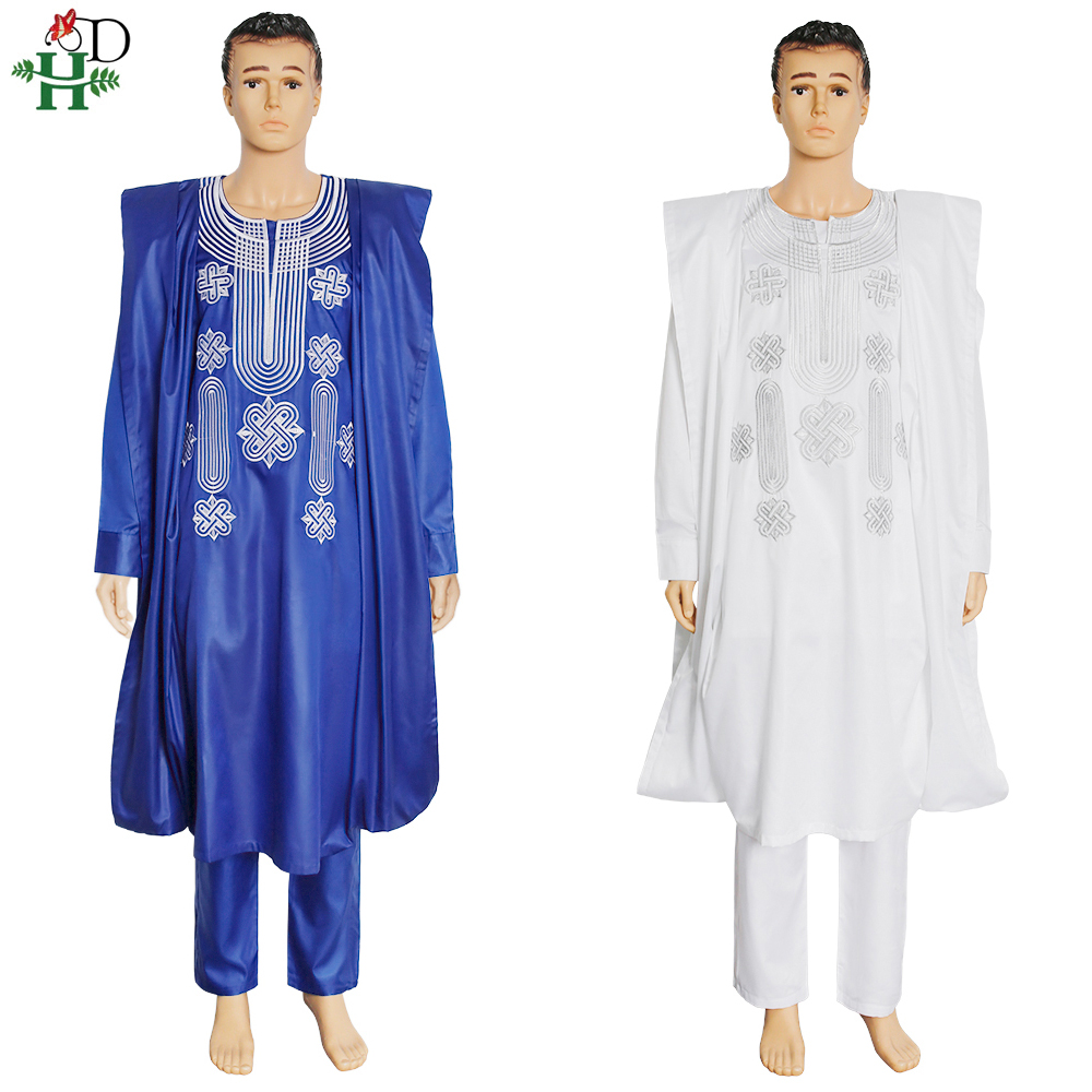 H & D costume africain pour hommes Robe chemise pantalon ensemble à manches longues hauts broderie Agbada vêtements Boubou Africain Homme Robes traditionnelles