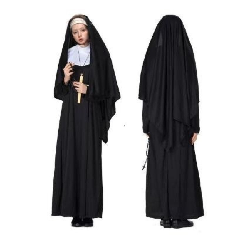 Robes de nonne noires religieuses pour femmes adultes, costumes de jeu de rôle, costumes de fête d'Halloween et de carnaval