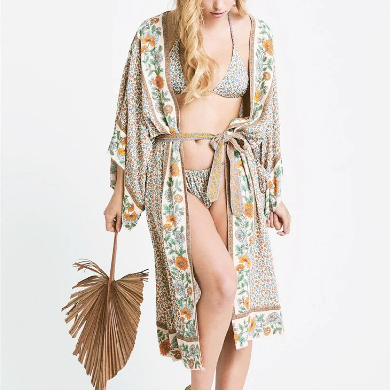 TEELYNN-Cardigan kimono long pour femme, chemise vintage, imprimé floral, style boho, robe de plage, été 2024