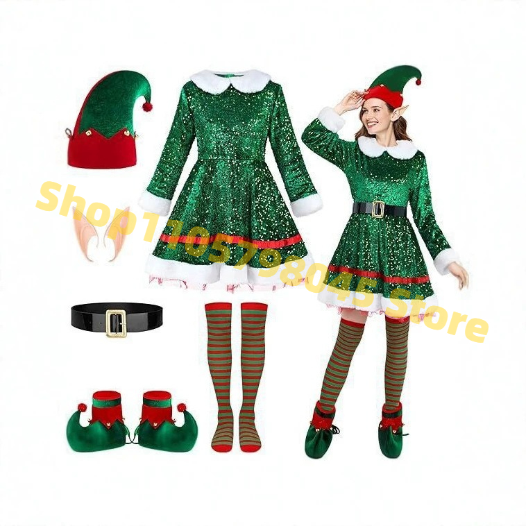Ensemble de robe de Noël à paillettes pour femme, tenue festive verte avec chapeau, oreilles d'elfe, ceinture, chaussettes et couvre-chaussures pour fête de Noël et spectacle sur scène