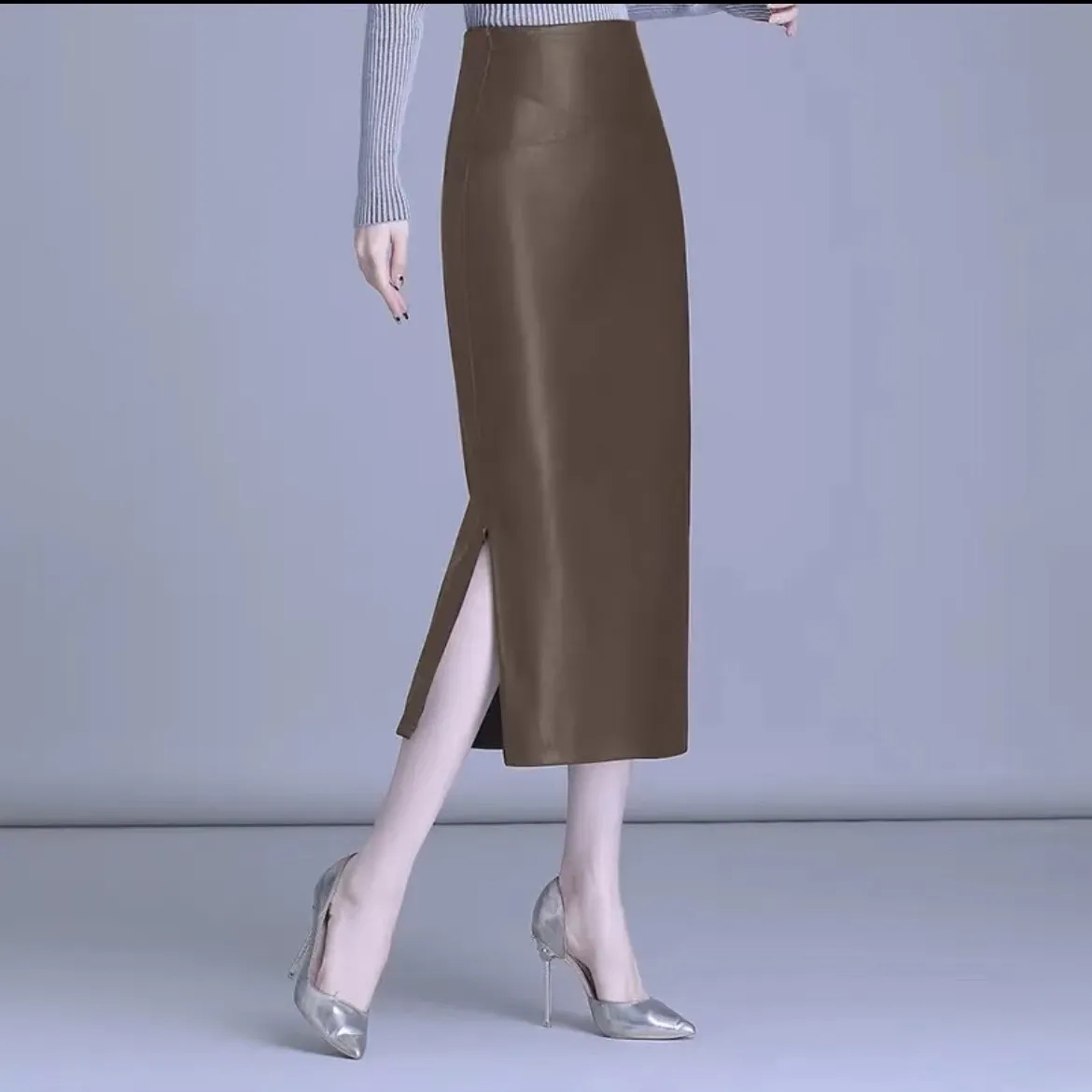 Jupe longue en peau de mouton pour femme, hanche ronde, sur le genou, cuir, haute qualité, taille haute, sexy, fendue, GT, hanche, 5XL
