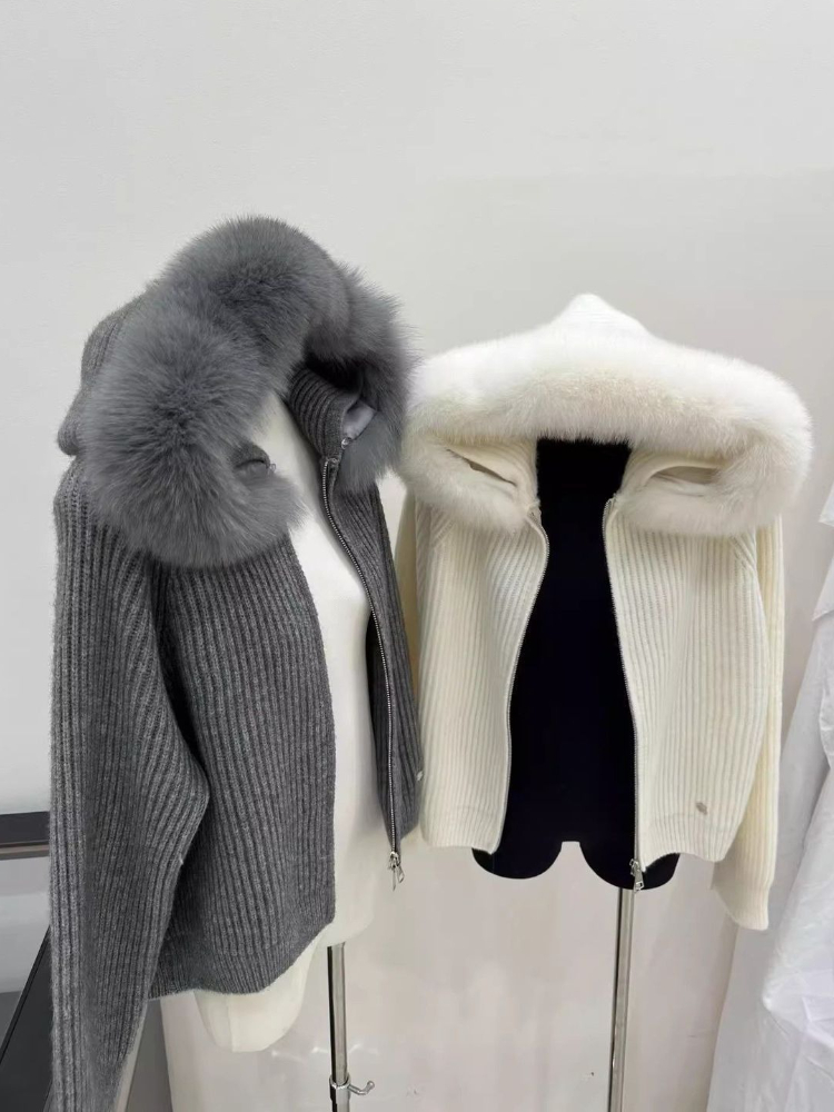 Manteau tricoté à manches longues pour femme, élégant, décontracté, fermeture éclair, à capuche, chaud, doux, Vintage, ample, col en fourrure, nouvelle collection hiver