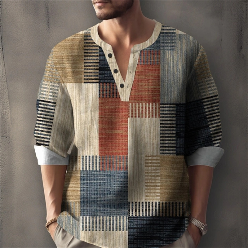 Chemise à manches longues pour homme pour les vacances d'été, avec un imprimé géométrique bicolore et un col Henley ; Chemise élégante pour homme.