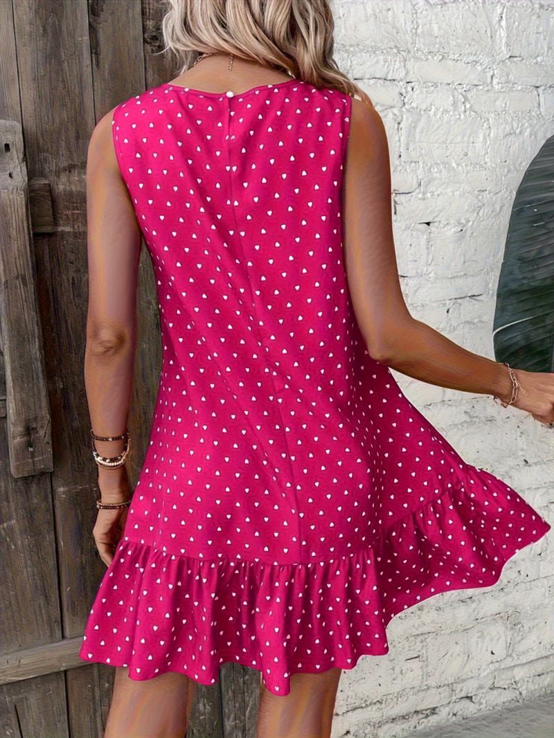 Robe courte sans manches à col rond imprimée rose rouge, tendance, ample, avec bordure à volants