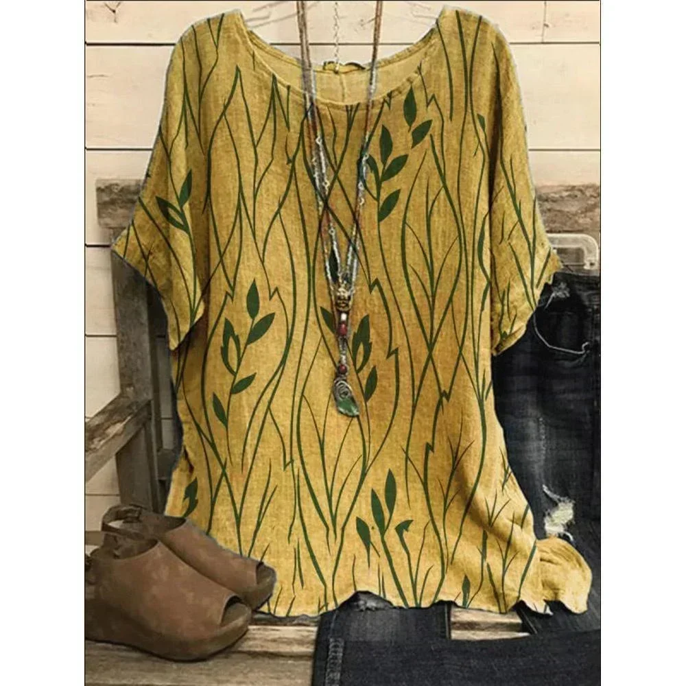 Femmes grande taille 1XL-8XL décontracté haut ample chemises feuilles imprimé Blouse T-shirt dames mode Vintage Blouse demi manches T-shirt