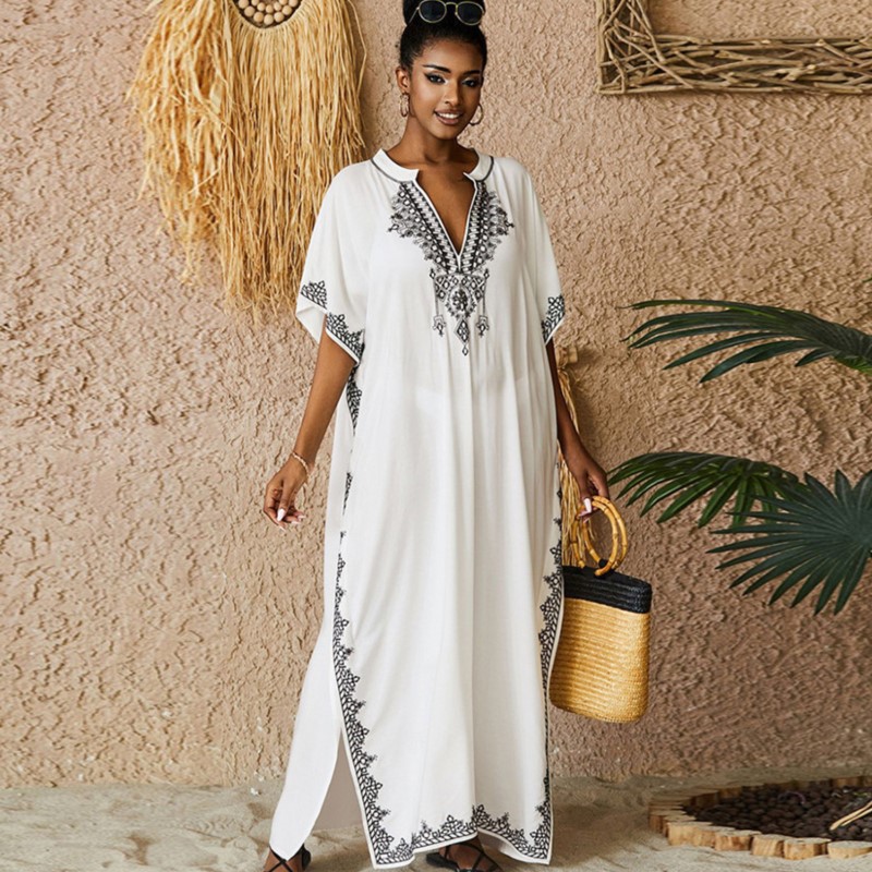 Robe de plage brodée en coton vintage pour femmes, couverture de bikini, robes sexy, vacances, protection solaire