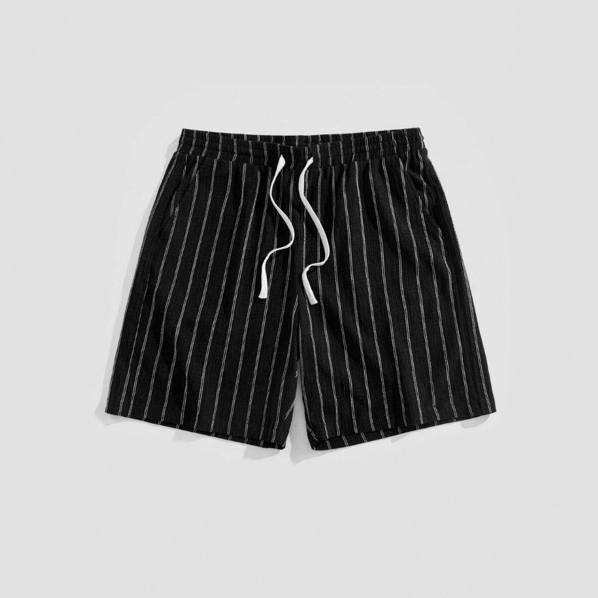 Shorts de plage décontractés en coton et lin pour hommes, taille élastique avec cordon, rayures, nouveau style été, coupe droite, non extensibles