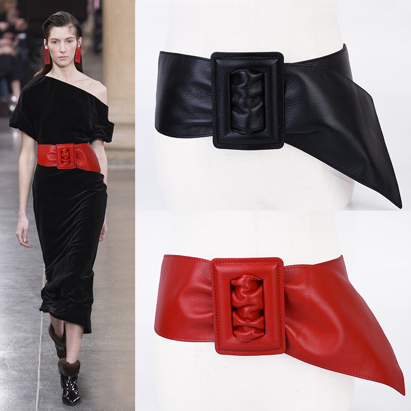 Ceinture large en cuir noir effet peau de mouton pour femme, élégante, style vintage, en PU