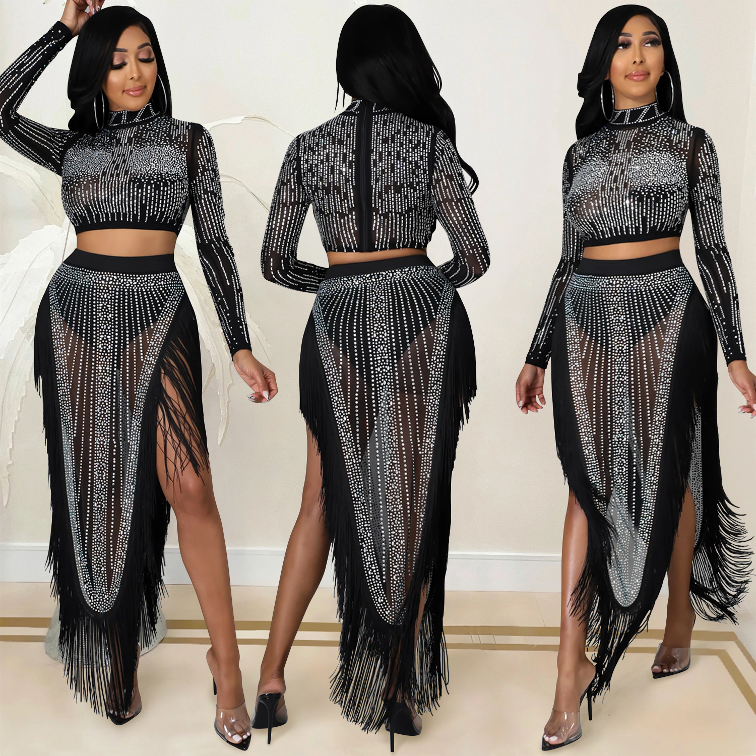 Ensemble jupe femmes deux pièces ensembles de robe col montant ensemble assorti diamant hauts courts fête taille haute jupes longues Sexy gland chaud