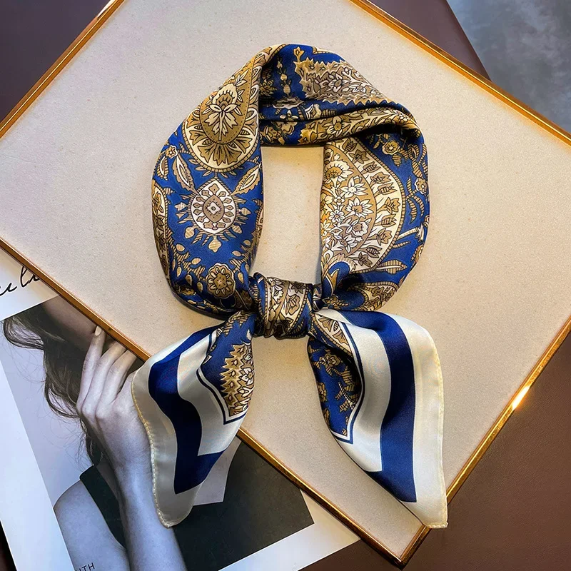 Foulard carré imprimé à la mode pour femmes, Imitation soie, décoration polyvalente décontractée, petit foulard de cou 70CM x 70CM