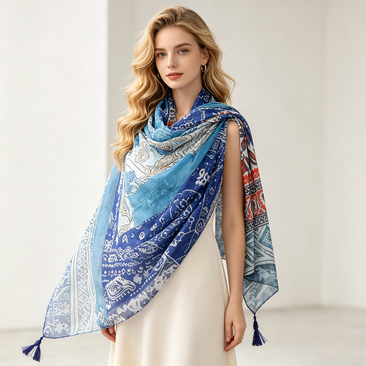 Écharpe vintage ethnique à motifs patchwork pour femmes, avec pompons, imprimé floral géométrique bleu, châle léger et tendance, 88x180cm