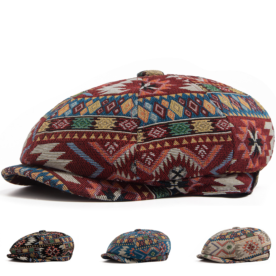 Casquette Gavroche Bohème à Motif Ethnique Aztec, Casquette Plate Géométrique Vintage, Bérets Décontractés pour Hommes et Femmes, Casquette Ivy à Visière Unisexe Réglable
