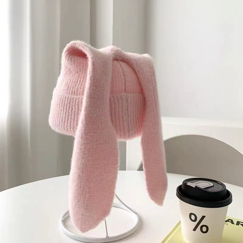 Bonnet d'hiver tricoté douillet pour femme avec oreilles de lapin 3D, doux, extensible et chaud pour le froid, cadeau mignon pour elle
