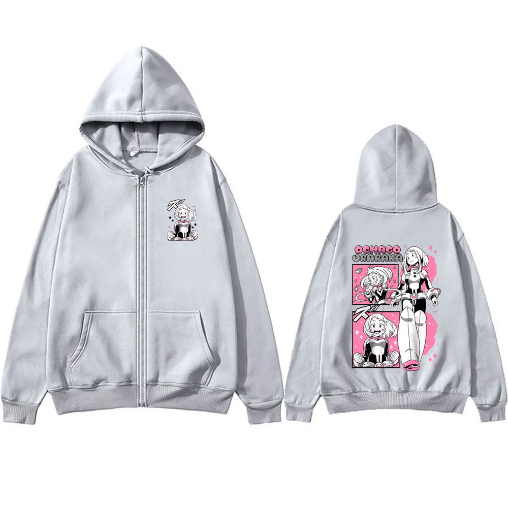 Sweat-shirt à capuche avec fermeture éclair Anime My Hero Academia, veste à fermeture éclair Ochaco Uraraka pour hommes et femmes, Y2k, mignon, Kawaii, surdimensionné