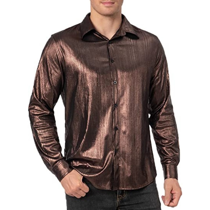 Chemise à paillettes dorées brillantes pour hommes, coupe cintrée, manches longues, chemises habillées des années 70, discothèque, fête, scène, Costume de chanteur