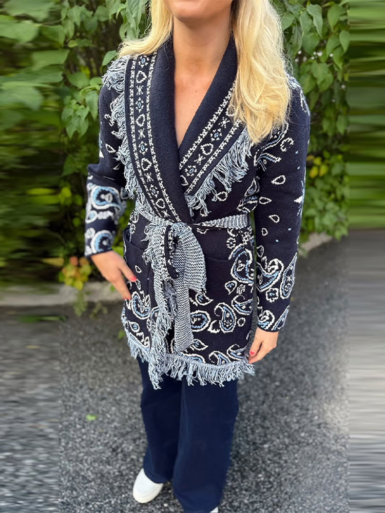 Cardigan en tricot imprimé Boho pour femmes, haut à franges, ceinture, pull à manches longues, manteau à lacets, nouvelle tenue d'extérieur de rue, 2025