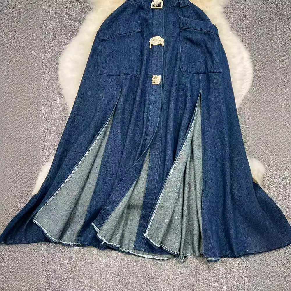 Robe en jean évidée à col rabattu pour femmes, robes longues en denim, taille haute, mince, simple boutonnage, éducatif, club de fête