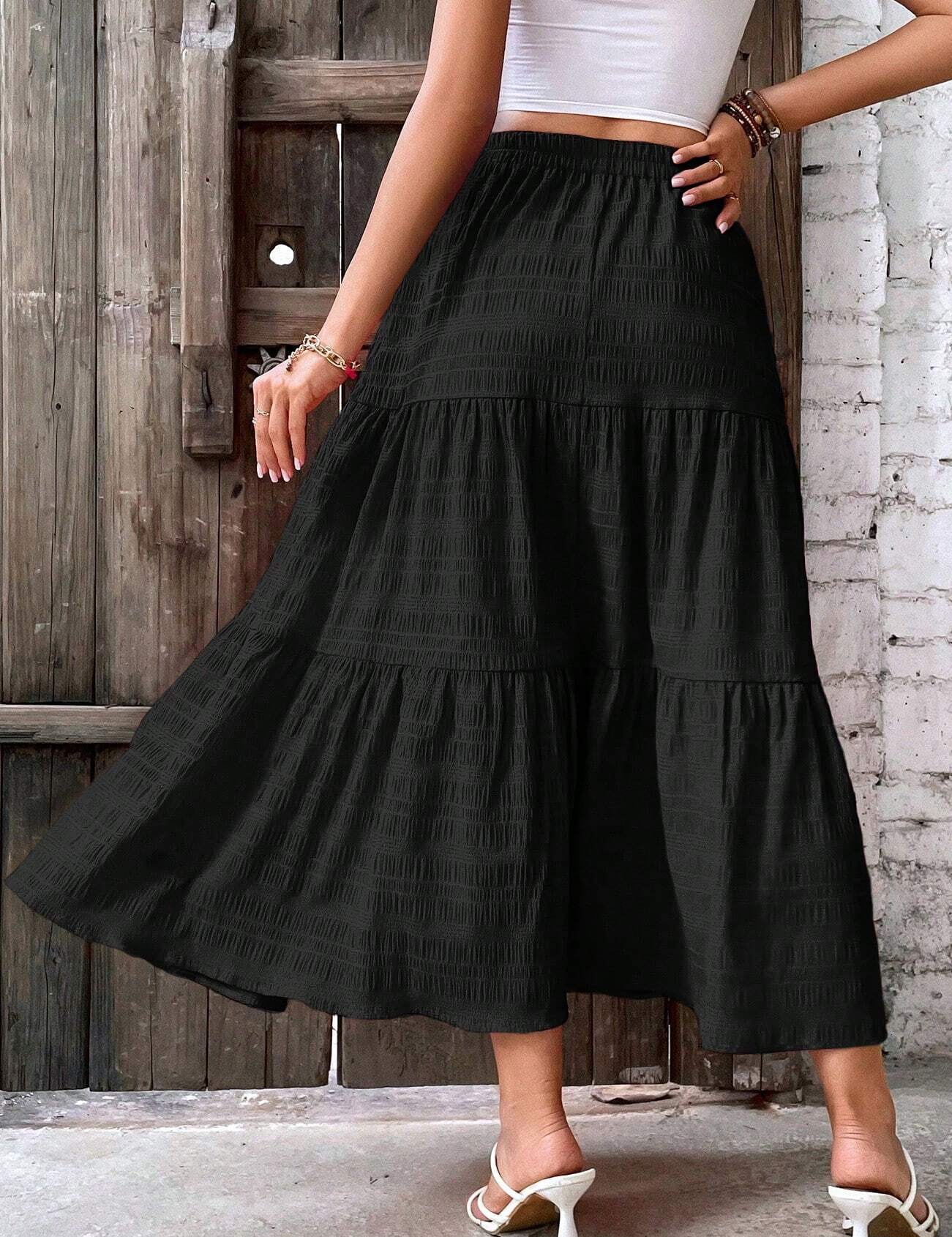 Jupe évasée texturée de couleur unie pour femmes, Style vacances, taille haute, jupe de plage florale, décontractée, ligne a, balançoire, été