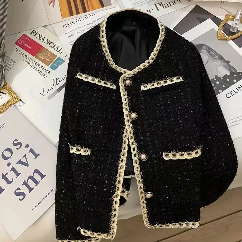 Veste en tweed à simple boutonnage pour femme, manteau torsadé à col rond, mode coréenne élégante, manteau doux et chic, vêtements décontractés pour dames de bureau, automne