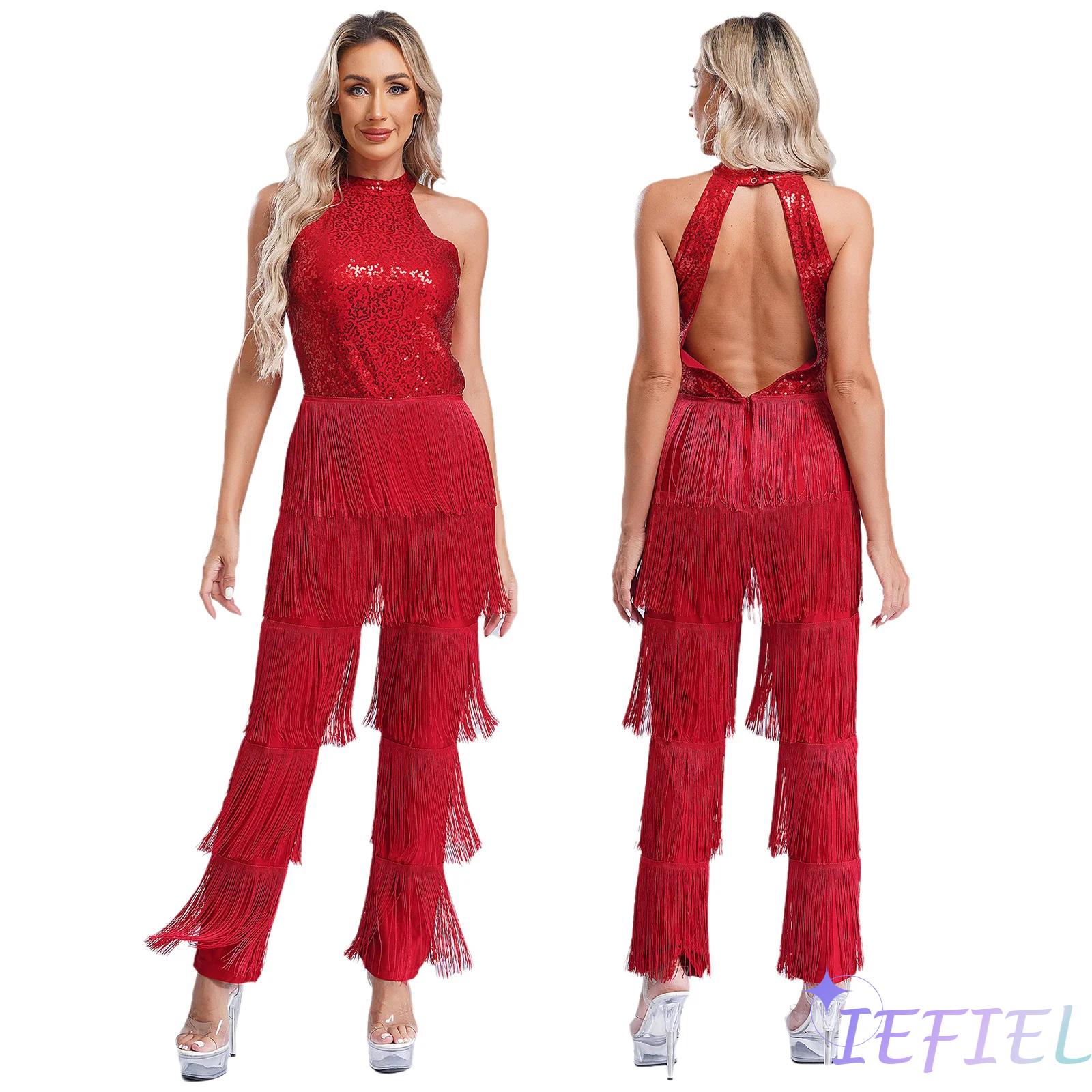 Combinaison de danse latine à franges pour femmes, robe de danse salsa, robes de danse tango samba rumba, paillettes sexy, barboteuses à pompons à plusieurs niveaux