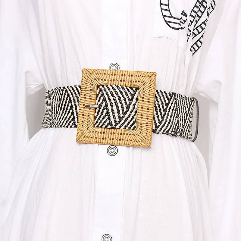 Femmes plage bohême ceinture élastique ceinture boucle carrée tressé robe d'été femmes mode coréenne sangle