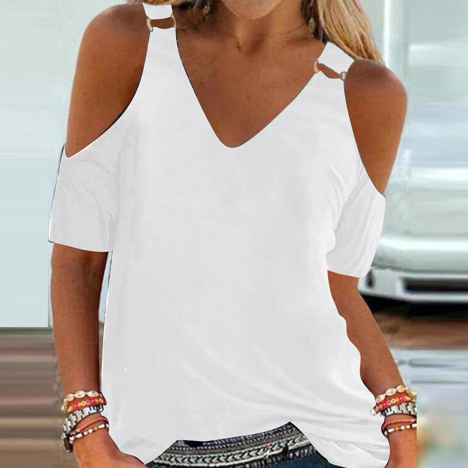 Chemisier décontracté d'été pour femme, haut à épaules dénudées, col en V, couleur unie, t-shirt à manches courtes, vêtements pour femme