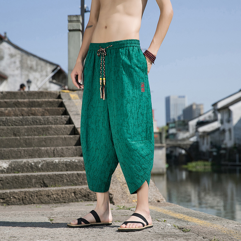 Pantalon Capris Kimono Style japonais pour hommes, rétro, Jacquard, longueur mollet, jambes larges, ample, surdimensionné, sarouel décontracté, Streetwear