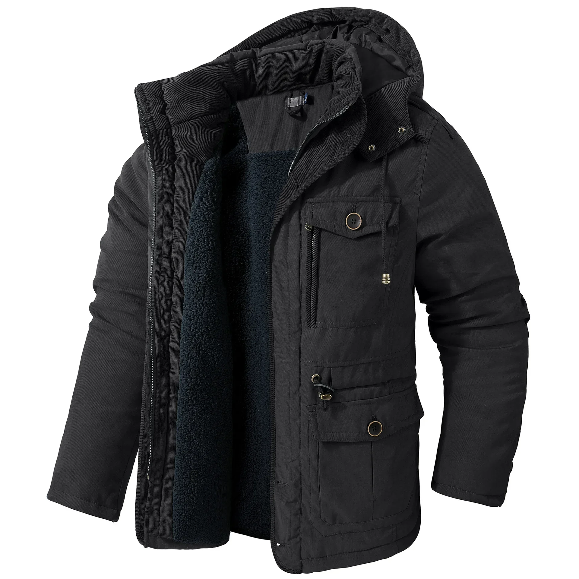 Veste pour hommes manteaux d'hiver taille américaine grande taille vestes en polaire d'agneau à capuche coton épaissi Multi poche décontracté manteau mi-long