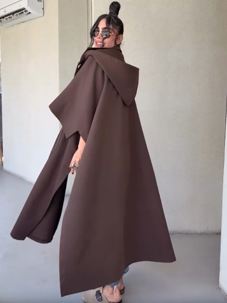 Manteau long élégant de style cape à capuche vintage, ample et décontracté pour femmes, vêtement d'extérieur tendance et à la mode pour l'automne.