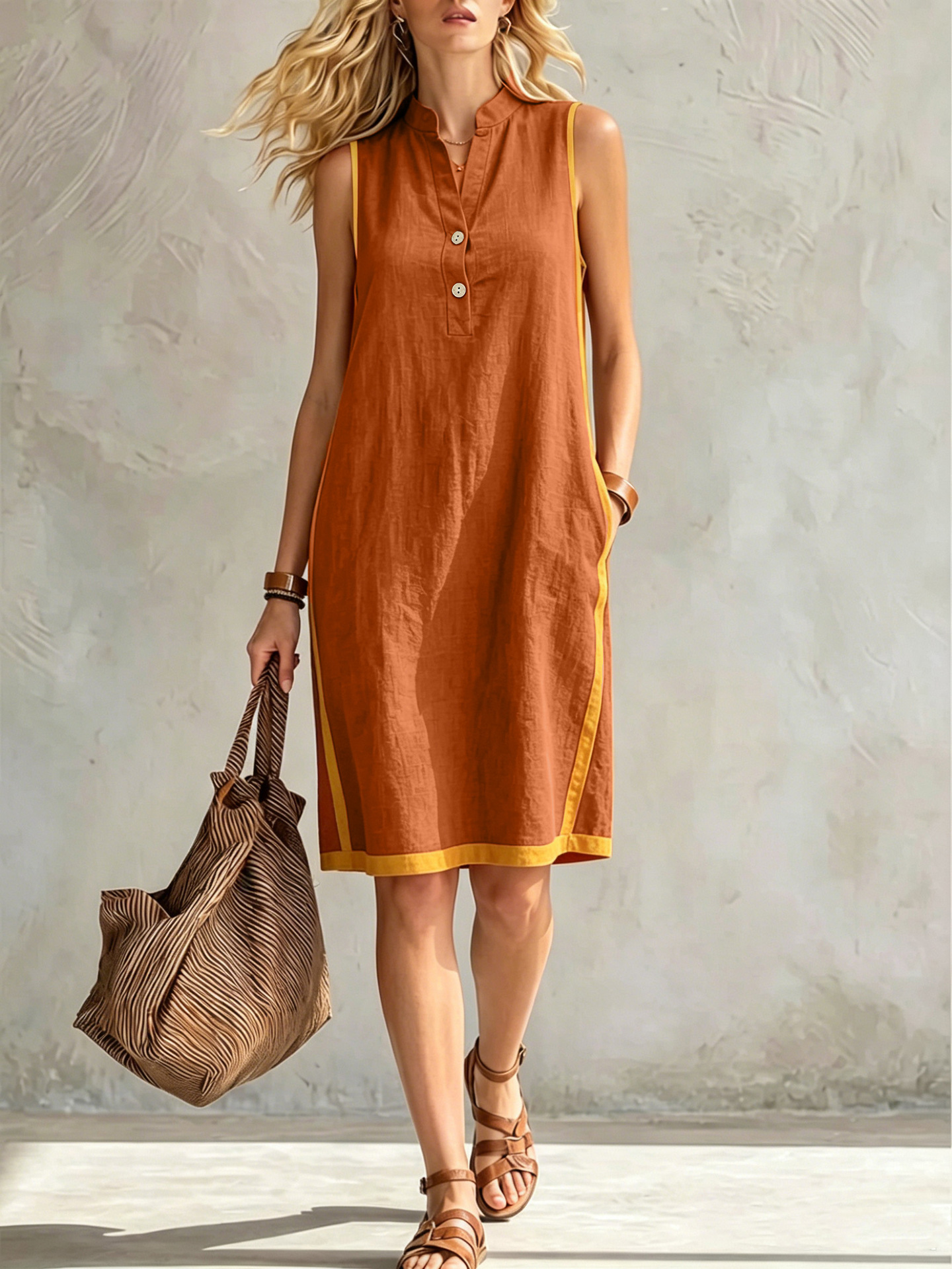 Robe décontractée mi-longue sans manches en coton et lin pour femme, col en V, demi-fermeture, avec bordure jaune contrastante