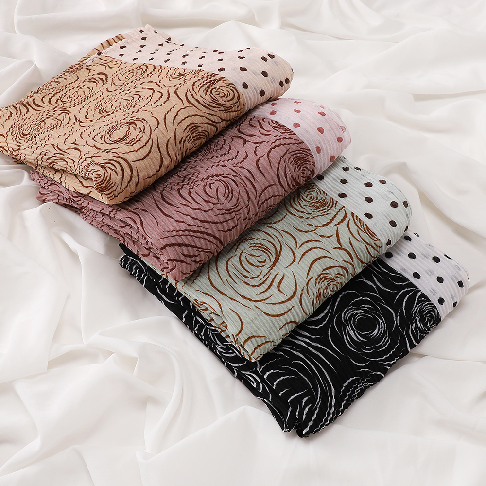 Écharpe à bordure à pois en mousseline froissée à imprimé rose, hijab châle de style turc, doux et léger, foulard pour femmes musulmanes.