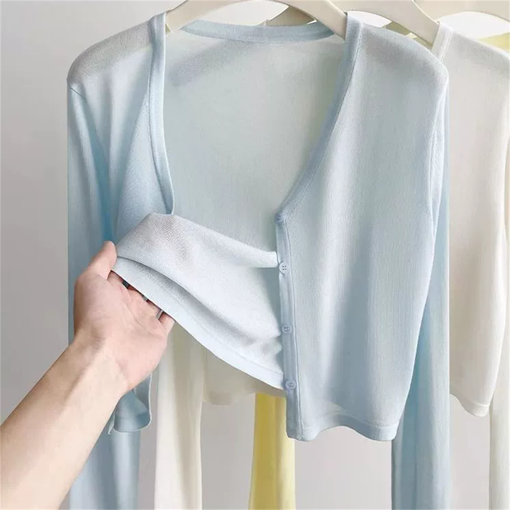 2026 Vêtements coréens pour femmes, Manteau court d'été en soie glacée, protection contre la climatisation, col en V, mode féminine