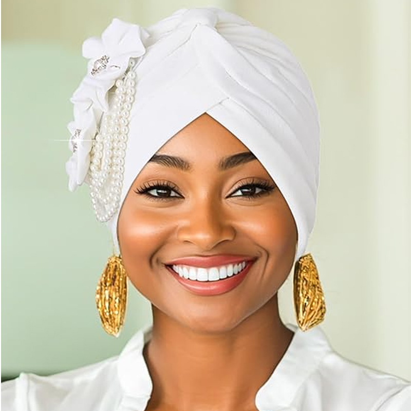 Turban à Perles pour Femme, Design Floral, Bandeau, Écharpe de Sauna Musulmane, Bonnet, Perte de Cheveux