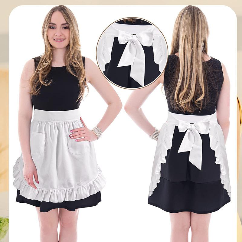 Tablier de cuisine court pour femme, style Lolita, sexy, en dentelle, noir et blanc, à bretelles, motif floral, pour café, maison et travail