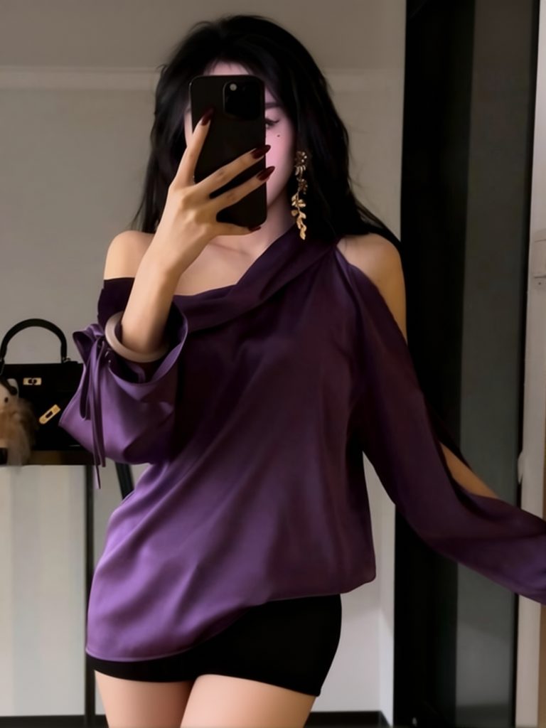 Haut élégant en satin de soie pour femme, à épaules dénudées, manches longues, style t-shirt, sexy, ample, décontracté, basique, chemisier asymétrique à une épaule