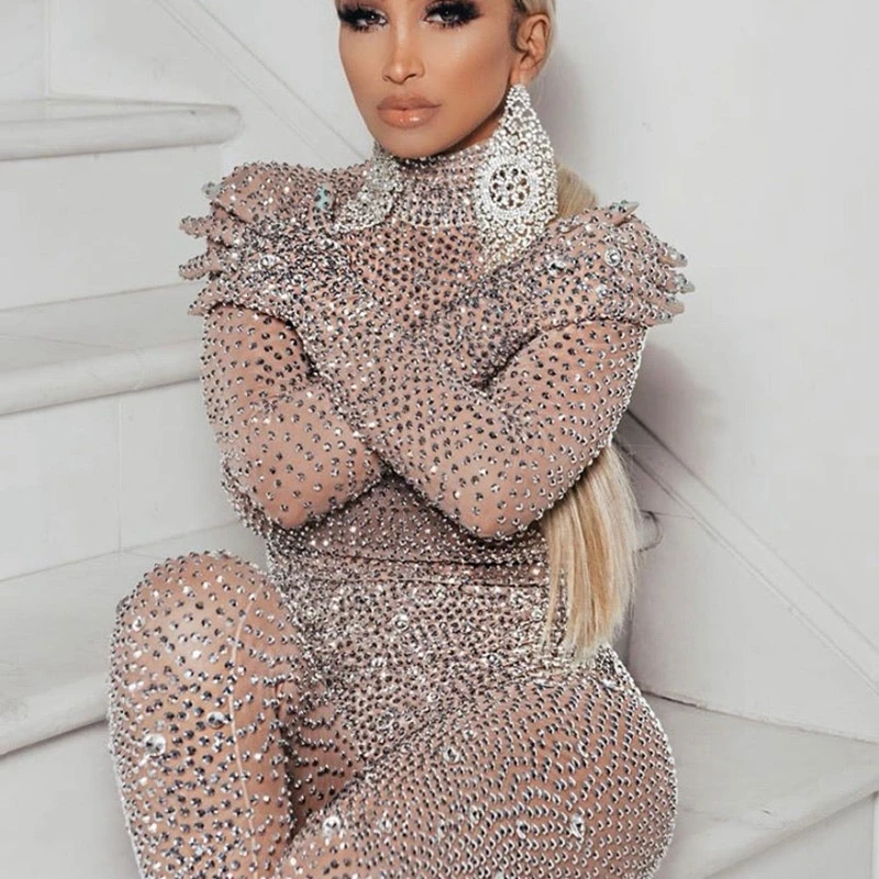 Justaucorps luxueux à strass pour femmes, tenue de soirée, de bal, d'anniversaire, Costume de danse en maille Sexy, body en cristal, vêtements de scène