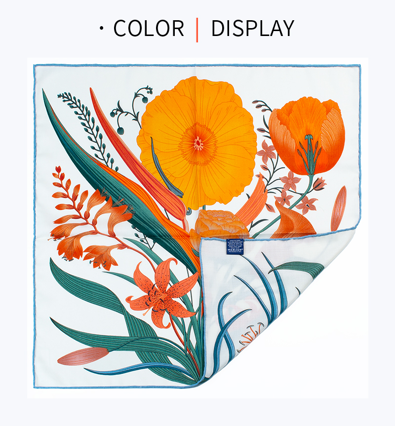 Écharpe de luxe en mélange de soie et de laine 65x65cm, motif floral orange, texture chevrons, châle carré pour usage quotidien et soirées