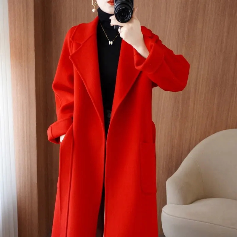 Manteau 100 % Laine pour Femme, Collection Automne/Hiver 2026, Tendance et Élégant, Manteau Long en Cachemire Double Face avec Ceinture