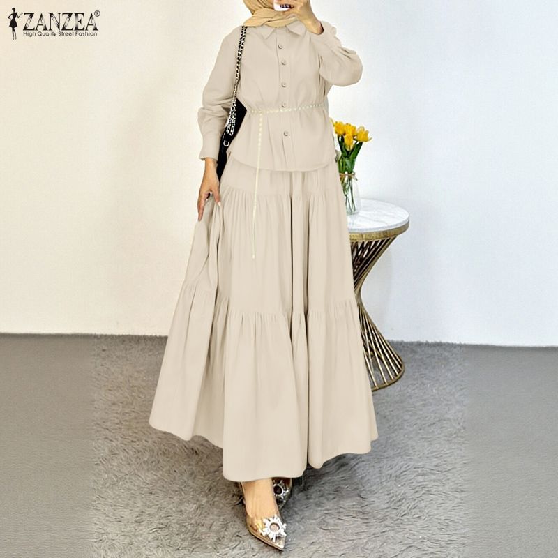 ZANZEA - Tenues modestes pour femmes hijabées - Ensemble jupe et chemise à manches longues - 2 pièces - Tenues quotidiennes décontractées musulmanes islamiques
